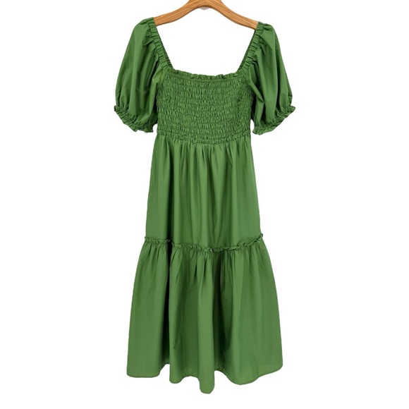 Abercrombie & Fitch Puff Sleeve Smocked Bodice Midi Dress in Green Size S - Picture 2 of 10